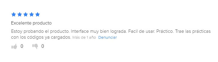 Opinión de 5 estrellas: «Excelente producto. Estoy probando el producto. Interface muy bien lograda. Fácil de usar. Práctico. Trae las prácticas con los códigos ya cargados.»