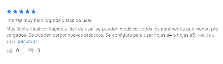 Opinión de 5 estrellas: «Interfaz muy bien lograda y fácil de usar. Muy fácil e intuitivo. Rápido y fácil de usar, se pueden modificar todos los parámetros que vienen precargados. Se pueden cargar nuevas prácticas. Se configura para usar hojas A4 o A5.»